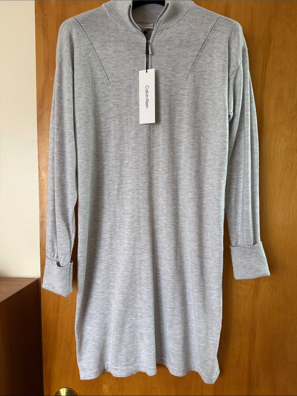 Calvin Klein Light Gray Zip-Neck Sweater Dress, New